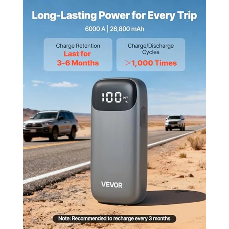 VEVOR Starthilfe Powerbank, 6000A Autobatterie Booster mit LED-Taschenlampe, 26.800 mAh, für 10L Motoren, kompakt und sicherheitsgeschützt – Bild 3