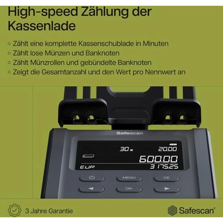 Safescan 6165 Geldzählmaschine, automatische Münzrollenerkennung und Wertzählung für Münzen und Banknoten, schnelle Bargeldverwaltung, Zukunftssicher – Bild 2