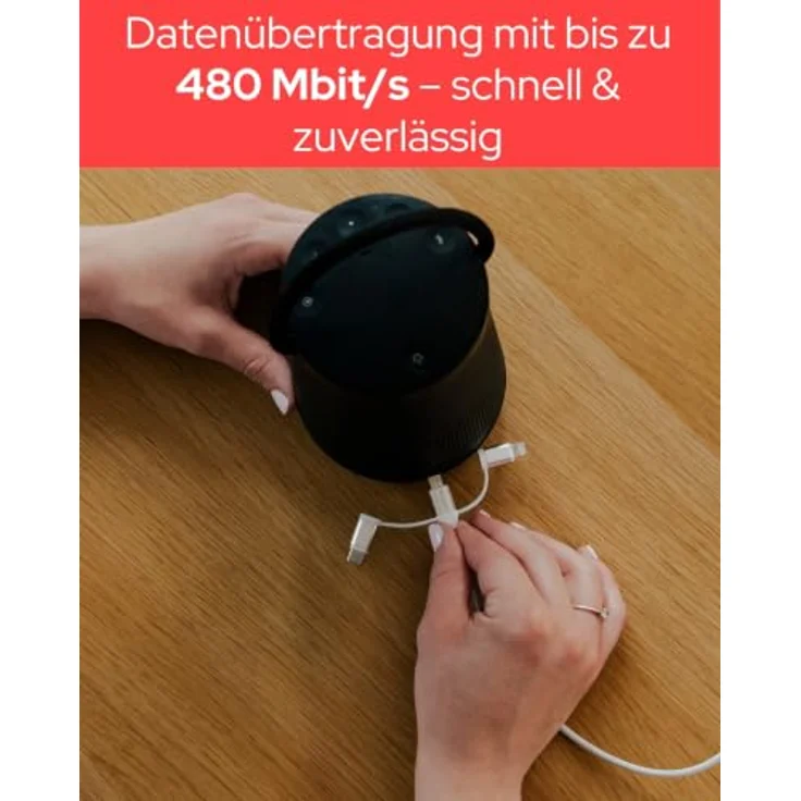 Verbatim USB-Kabel Essentials 3in1, USB 2.0, USB-A/USB-B/C & Lightning, 480Mbit/s, 18W QC, TPE, weiss, 1,0m – Bild 4