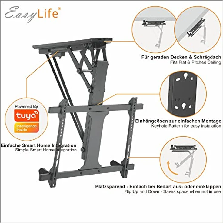 EasyLife EL-DHM-70S Motorisierte TV Deckenhalterung elektrisch schwenkbar für Fernseher 32–70 Zoll bis 35 kg, VESA 600x400, mit Smart Home Integration und leise Steuerung – Schwarz – Bild 2