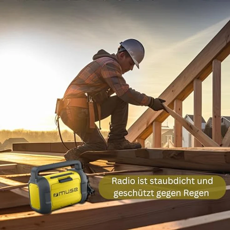 Muse M-928 BTY Baustellenradio, robust, Staub- und spritzwassergeschützt (IP64), mit Bluetooth und UKW Radio, integriertem Ladegerät und USB-C-Anschluss, schwarz-gelb – Bild 3