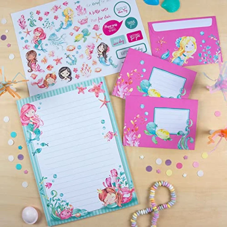 Papierdrachen Briefblock Set - 50 bunt bedruckte Briefbögen - Briefpapier mit Stickerbogen - 20 bedruckte Umschläge - Geschenkidee für Kinder - Meerjungfrau – Bild 2