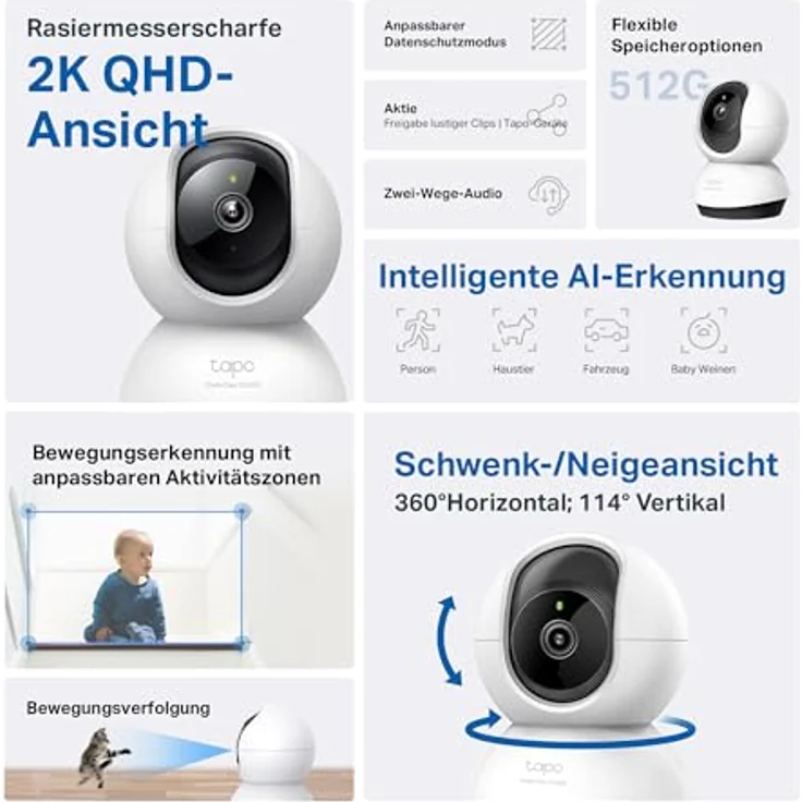 Tapo TP-Link C220 360°-WLAN-Überwachungskamera für den Innenbereich, 2K 4MP, IR Nachtsicht, Bewegungserkennung, Zwei-Wege-Audio, kompatibel mit Alexa und Google Assistant, für Babys/Haustiere – Bild 2