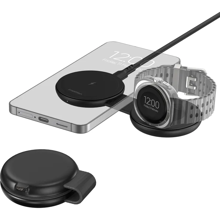 iMoshion 2-in-1 kabelloses Reise-Ladegerät 25W für Smartphone, Kopfhörer & Samsung Watch, Qi 2.2, Schwarz