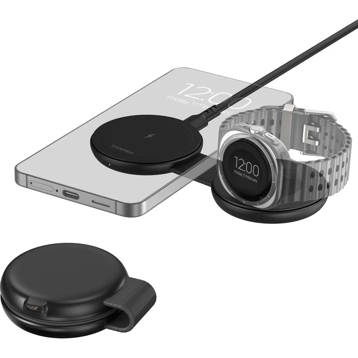 iMoshion 2-in-1 kabelloses Reise-Ladegerät 25W für Smartphone, Kopfhörer & Samsung Watch, Qi 2.2, Schwarz