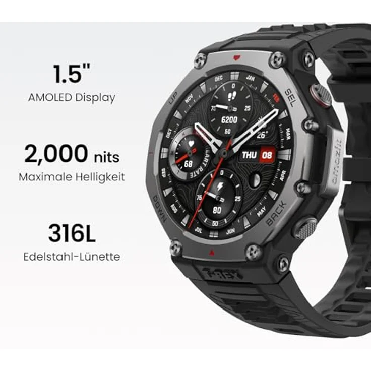 Amazfit T-Rex 3 Outdoor Smartwatch 48mm AMOLED Display, 27 Tage Akkulaufzeit, NFC Zahlung, 170+ Sportmodus, 45m Freitauchen - Schwarz – Bild 3