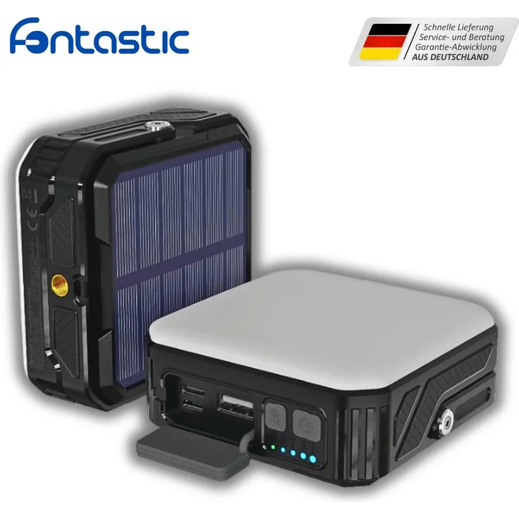 Fontastic Powerbank Solva, 10.000 mAh mit Solar Panel, dimmbarer LED-Leuchte und 270° schwenkbarem Griff, regenfest und stoßfest