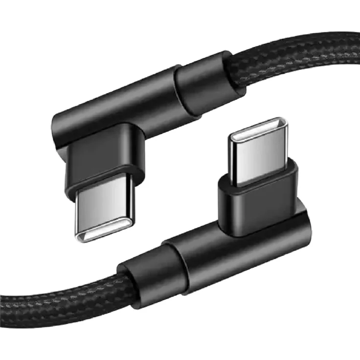 MobileKing Nylon USB-C auf USB-C Schnellladekabel, 2m, 90° Winkelstecker, schwarz