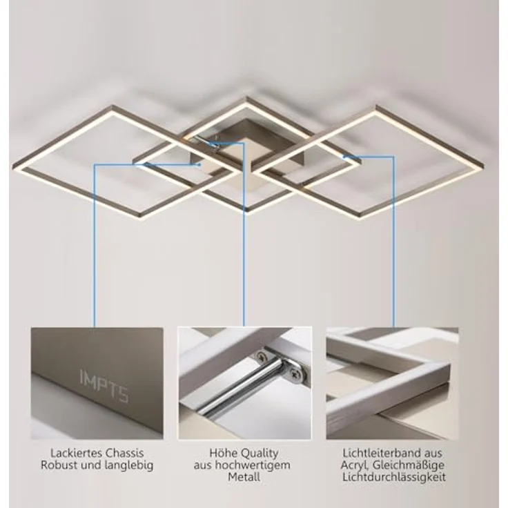 IMPTS LED Deckenleuchte Eckig Dimmbar Deckenlampe 34W Modern Wohnzimmerlampe Metall Deckenbeleuchtung mit Fernbedienung 3000-6500K für Schlafzimmer Wohnzimmer Küche Flur Balkon, Memory-Funktion, Nachtlichtmodus, hohe Farbwiedergabe – Bild 2