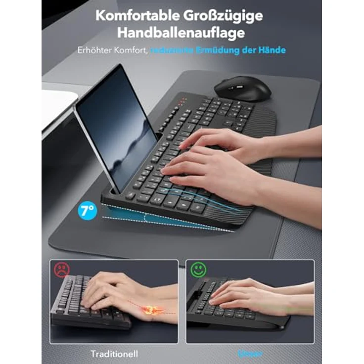 SABLUTE Kabelloses Tastatur Maus Set, Ergonomische Vollgröße mit Handgelenkauflage, Telefonhalter, leise 2,4 GHz für Mac und Windows – Bild 2