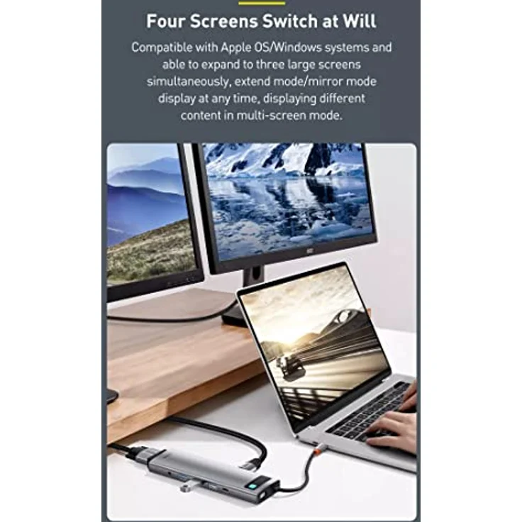 Baseus HUB Metal Gleam Series CAHUB-CT0G, 11-in-1 Multifunctional USB-Hub mit 3xUSB 3.2, PD 100W, 3,5 mm Jack, VGA Full HD 60Hz, 2xHDMI 4K, TF+SD Card, RJ45, Space Gray – Bild 5