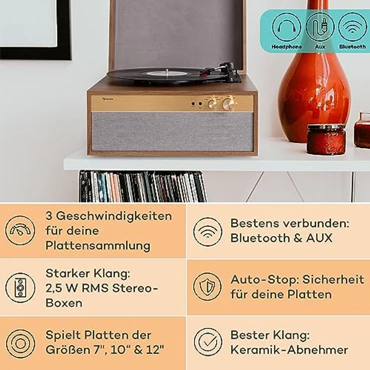 Auna Plattenspieler mit Bluetooth & Standfüßen, Retro-Schallplattenspieler mit rauschfreiem Lautsprecher und Bluetooth-Verbindung, Schwarz – Bild 2