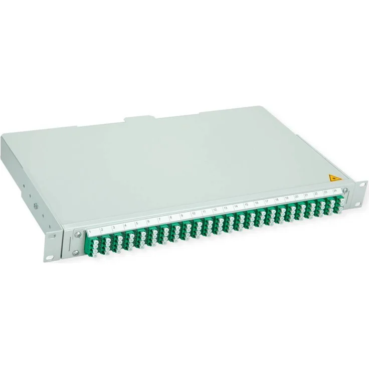 Telegärtner BASIS V LWL-Panel, 24x LC Quad Kupplungen, spleißfertig mit Pigtails, grün, OS2 APC