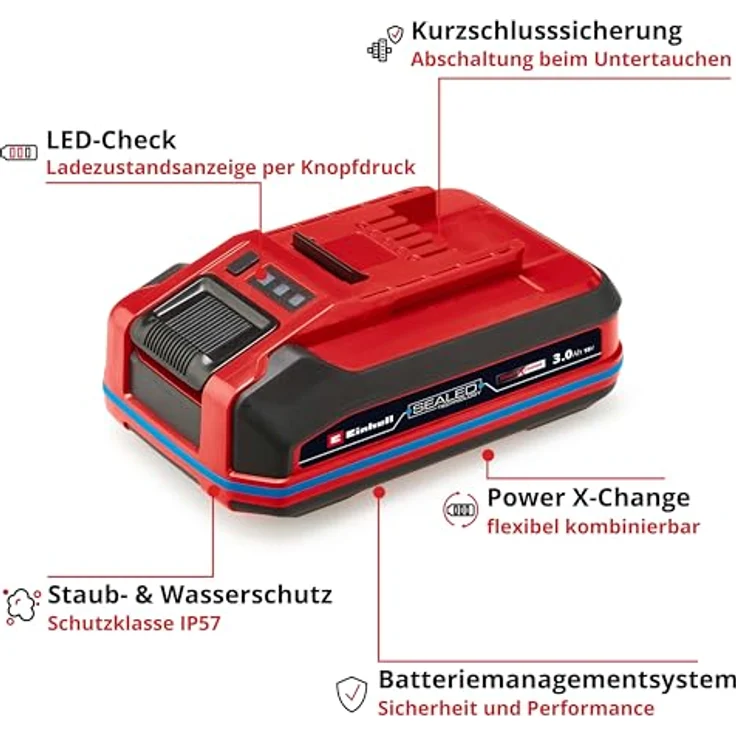 Einhell 18V 3,0 Ah Sealed Power X-Change Plus Akku, Wasser- & staubgeschützt, IP57, universell verwendbar, ohne Ladegerät – Bild 3