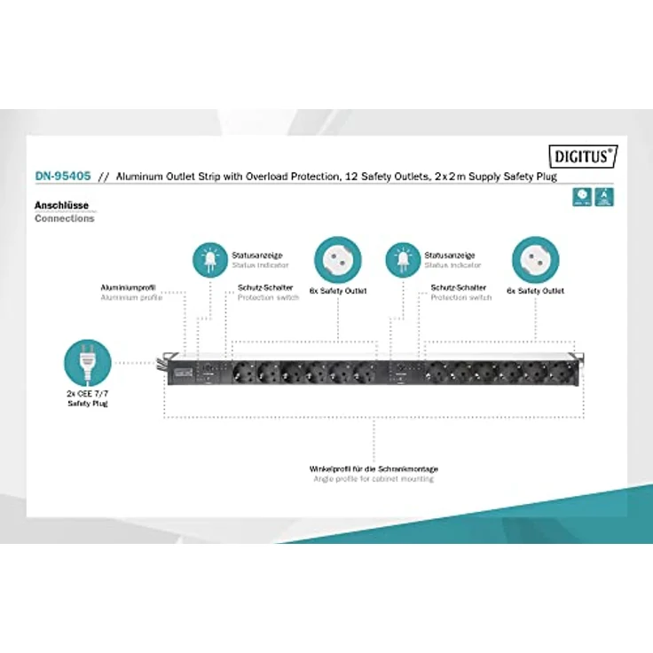 ASSMANN DIGITUS 1HE Aluminium Steckdosenleiste mit überspannungsschutz, 12-fach, Rack Mount – Bild 2