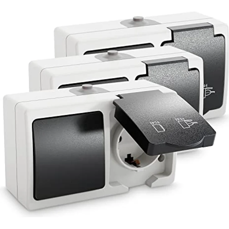 greate 3x Aufputz Schalter Steckdose Kombination mit IP44 für Feuchtraum - Grau, 250V & 16A, Wechselschalter - Aufputzsteckdose mit Schalter, Steckdose Schalter Aufputz – Bild 1