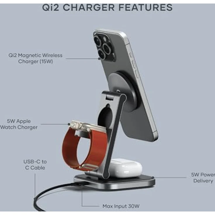 Satechi 3-in-1 Foldable QI2 Wireless Charging Stand (15 W), Grau, mit MagSafe und Apple Watch Adapter – Bild 2