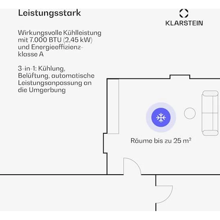 Klarstein Aero Smart Ring mobile Klimaanlage 7000 BTU, 3-in-1 Klimagerät mit Abluftschlauch, Luftentfeuchter & Ventilator, ideal für Räume bis 25 qm, inklusive Smart Control & Fernbedienung – Bild 3