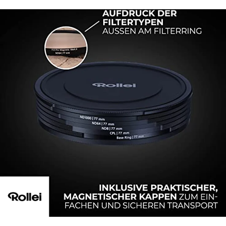 Rollei F:X Pro Magnetische ND- Rundfilter-Set Mark II in 77mm. Rollei Magnet Filter/Graufilter-Set bestehend aus CPL,ND8, ND64,ND1000 und magnetischen Basisring ideal für die Langzeitbelichtung – Bild 4