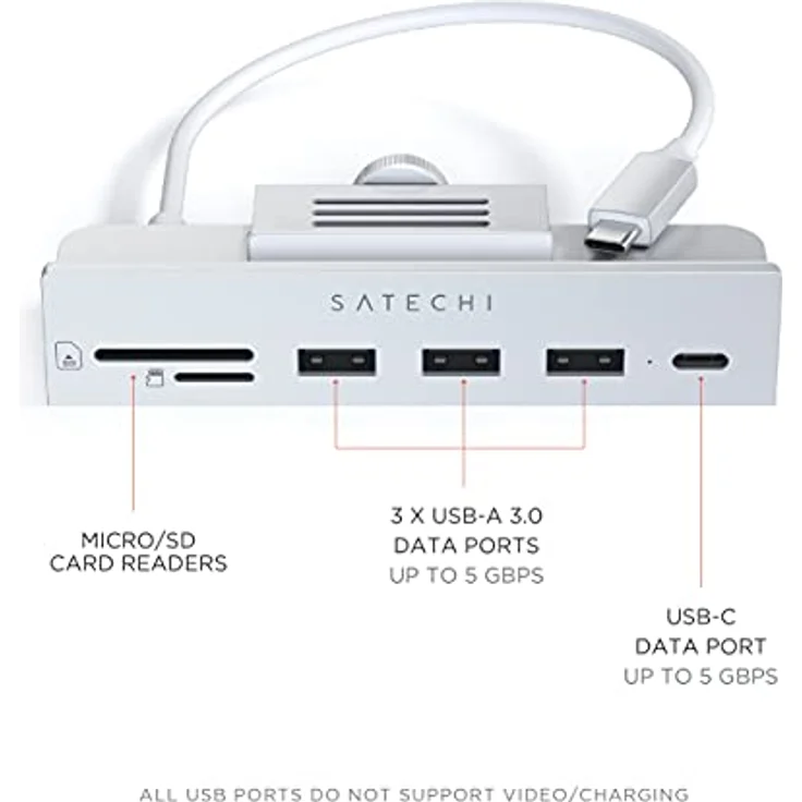 SATECHI USB-C Clamp Hub – USB-C Datenport, USB-A 3.0 Daten, Micro/SD Kartenleser – Für Apple Studio Display und 2021 iMac M1 24 Zoll. Passt Nicht für 2020 iMac und frühere Modelle (Silber) – Bild 2