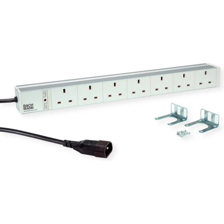 Bachmann ALU 19z 1HE 7xUK, Steckdosenleiste mit 2m Kabellänge, 7x UK Steckdosen, Thermo Fuse, Aluminium-Profil, RAL 7035
