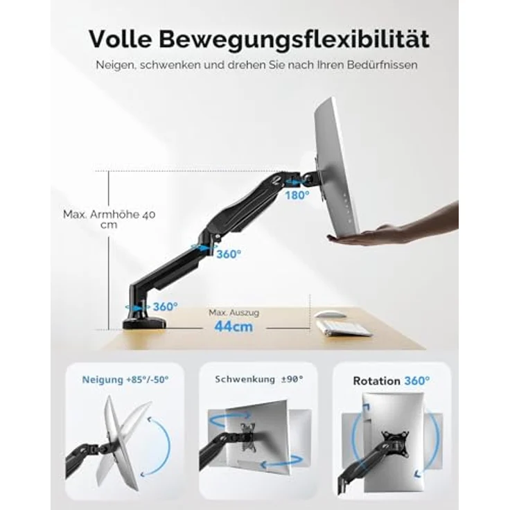 HUANUO Monitor Halterung für 13 bis 32 Zoll Bildschirme, Höhenverstellbarer Einzelner Monitorarm mit Neigungen, Schwenken und Drehen, VESA 75 & 100 mm, max. 9 kg tragfähig – Bild 4