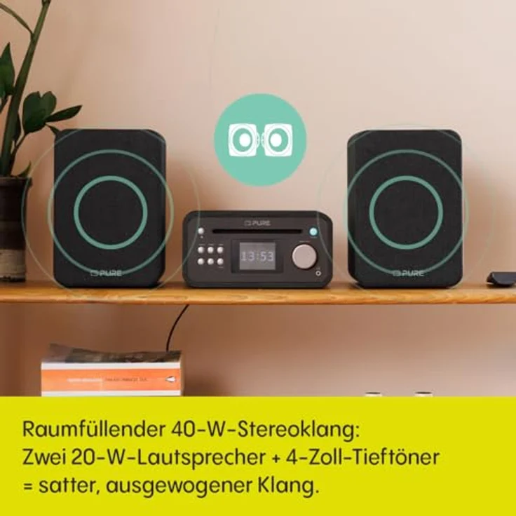 Pure Classic Stereo Mini Mikro HiFi Anlage, CD-Player, DAB+ Radio, Bluetooth 5.3, USB, AUX, Kopfhöreranschluss, 40 W Stereo, Holzoptik – Schwarz – Bild 2