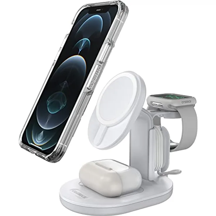OtterBox kabellose 3 in 1 MagSafe Ladestation, Starke Magnetische Ausrichtung und Halt für MagSafe Produkte, Elegante Ladelösung für iPhone, Airpods Pro und Apple Watch, Weiß