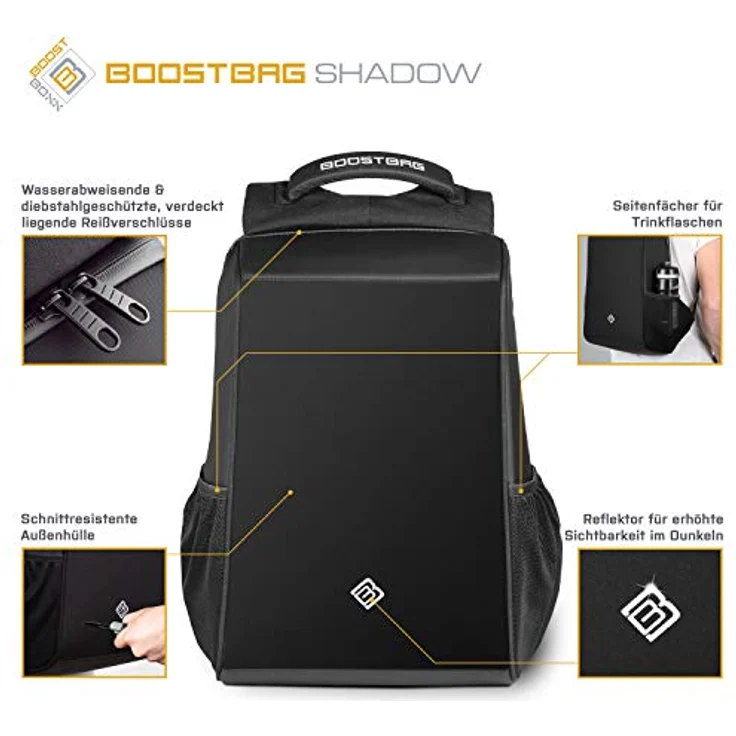 BoostBag Shadow Anti Theft Backpack - Boostboxx Anti Diebstahl Rucksack mit Fächern für Reisepass, Kreditkarte mit RFID Schutz, 15,6" Laptop/Notebook, Ipad, Tablet, Handy usw. mit TSA Schloss und USB – Bild 3