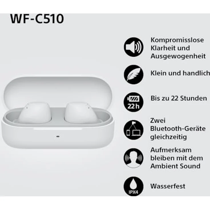 Sony WF-C510 Truly Wireless Kopfhörer - Klein, leicht, Bluetooth In-Ear Kopfhörer mit Multipoint Connection, Ambient Sound, IPX4 Bewertung, Spotify Tap, Quick Charge, 22 Std Akku, iOS & Android - Weiß – Bild 3