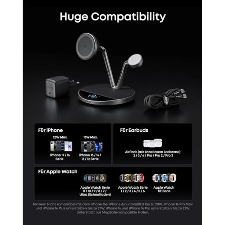 Anker Prime 3-in-1 Ladegerät, MagSafe-kompatible kabellose Ladestation mit 25W Schnellladung, Smart Display und TEC-Aktivkühlung für iPhone 17, Apple Watch, AirPods und mehr – Bild 2