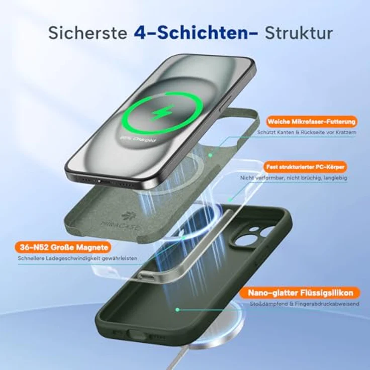 miracase iPhone 15 Hülle mit MagSafe, Flüssigsilikon mit kratzfestem Mikrofaser-Innenfutter, Dunkelgrün, stoßfest und langlebig – Bild 3