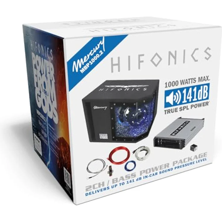 Hifonics MERCURY MBP1000.2, 2-Kanal Bass Power Paket mit 500 Watt RMS Verstärker und LED-Innenbeleuchtung – Bild 1