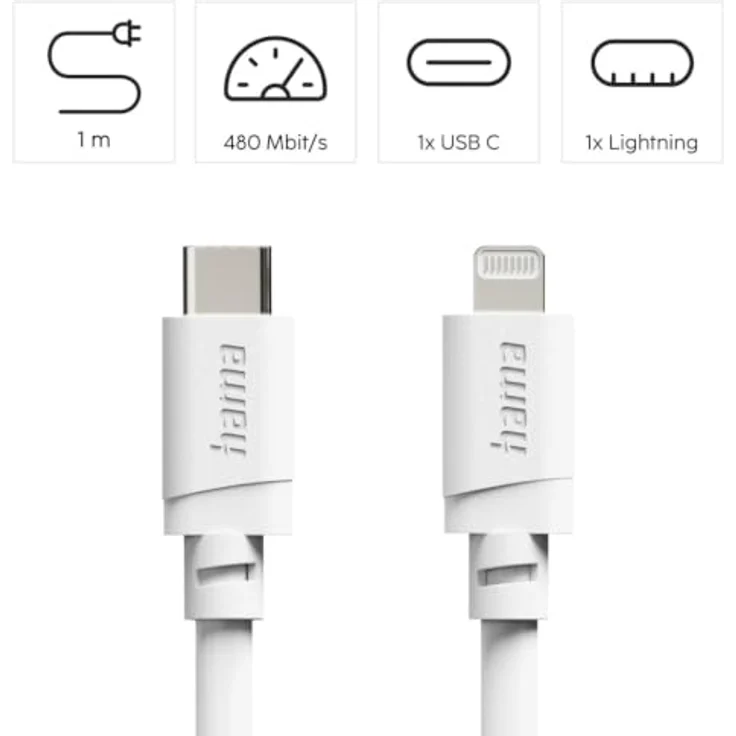 Hama USB-C auf Lightning Ladekabel, 1m, Schnellladen und High-Speed-Datenübertragung, für Apple, Weiß – Bild 2