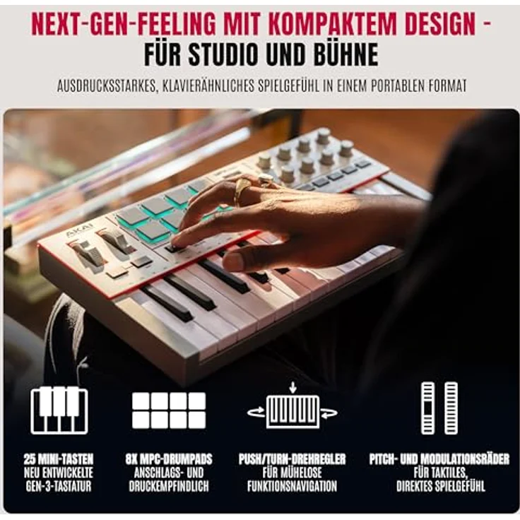 Akai Professional MPK Mini IV, USB-C MIDI Keyboard Controller mit 25 anschlagdynamischen Tasten, MPC Drum Pads, 1000+ Sounds und DAW-Integration, Grau – Bild 3