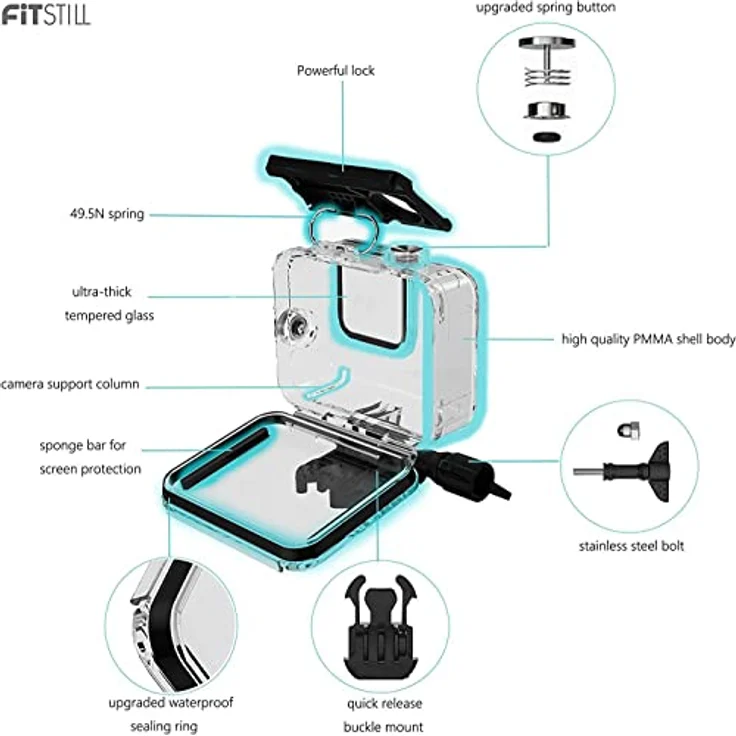 FiTSTILL 60M Wasserdichtes Gehäuse für GoPro Hero12/11/10/9 Black, Schützendes Unterwasser-Tauchgehäuse mit Halterungszubehör und Anti-Beschlag-Klappen – Bild 5