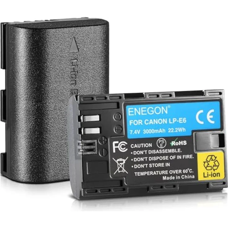 ENEGON LP-E6 Batterien, 2er Pack mit 3000mAh für Canon EOS R, R5C, 5D II-IV, 6D, 7D II-III, 80D, 70D, 60D, XC10, XC15 mit intelligentem Schutz – Bild 1