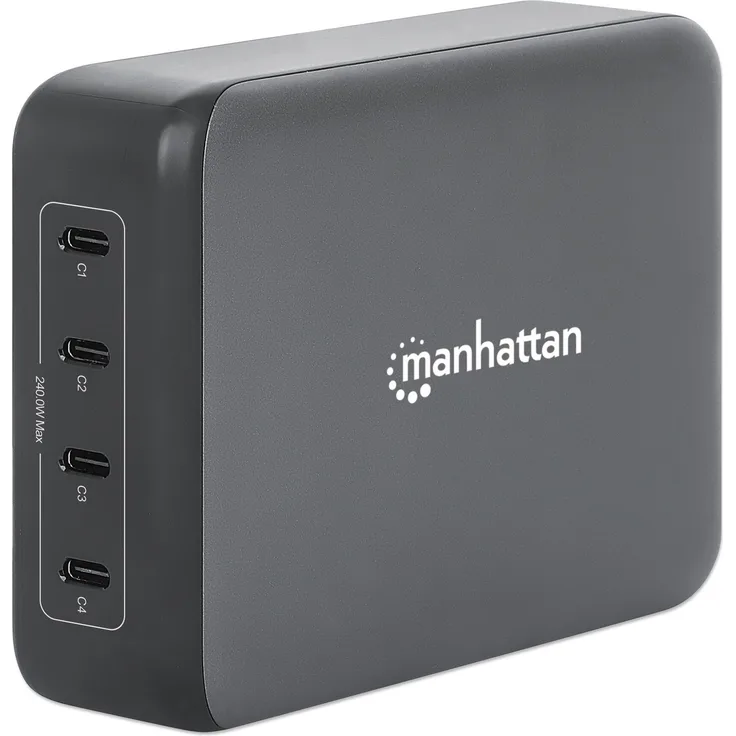 MANHATTAN 4-Port GaN USB Power Delivery-Ladestation 240W, schwarze Ausführung mit 4 USB-C PD-Ports, bis zu 140 W pro Port, Power Delivery 3.1