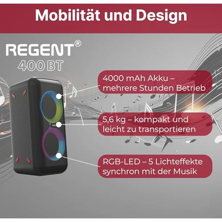 Ferguson Regent 400BT, Bluetooth Lautsprecher 60W mit FM-Radio, Mikrofon Karaoke, RGB-LED, tragbar mit Akku für Outdoor, HiFi-Sound, Bass Boost, Gitarreingang – Bild 4