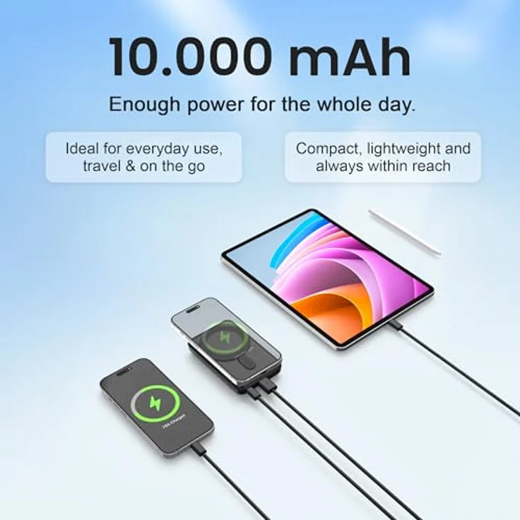 VIESTA® Classic Powerbank 10.000 mAh, Schnelllade-Powerbank mit 22,5W PD, 15W Wireless Charging, USB-C In/Out, USB-A, rot, magnetische Ladefunktion – Bild 2