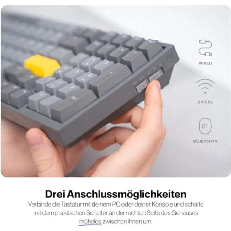 ENDORFY Celeris 1800 CZ, kabellose Tastatur mit 1800 Layout, QWERTY, BT, 2.4 GHz, SideTune, Gelb, Gateron Switches, FR4-Top Plate – Bild 4