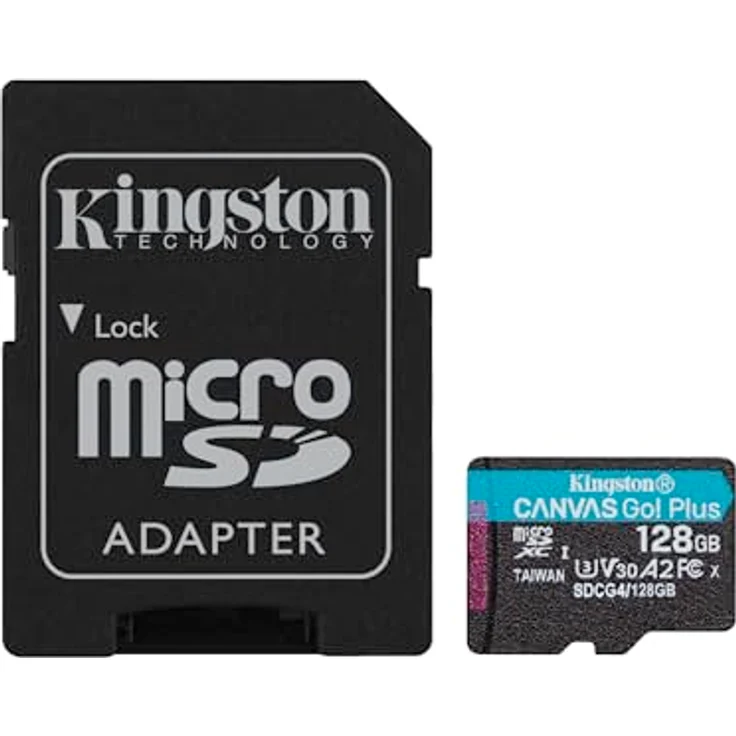 Kingston Canvas Go Plus microSDXC Speicherkarte Gen4 200MB/s A2 U3 V30 128GB Karte + Adapter, Grau – Bild 1