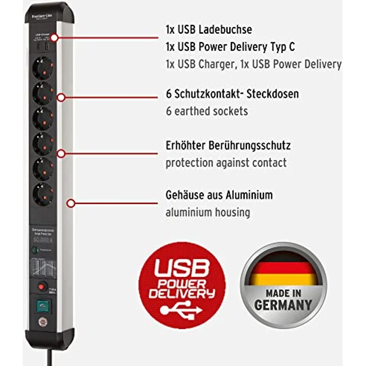 Brennenstuhl Premium-Protect-Line Steckdosenleiste 6-fach mit USB Power-Delivery Typ C und Überspannungsschutz (Mehrfachsteckdose mit Schalter, USB Power-Delivery Typ C und USB 3.0 A, Made in Germany) – Bild 2