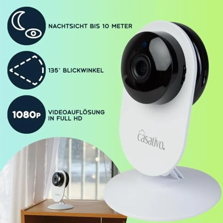 Casativo Full-HD-IP-Überwachungskamera mit Nachtsicht, 135° Weitwinkel, WLAN, Zwei-Wege-Audio & Bewegungserkennung, weiß – Bild 2