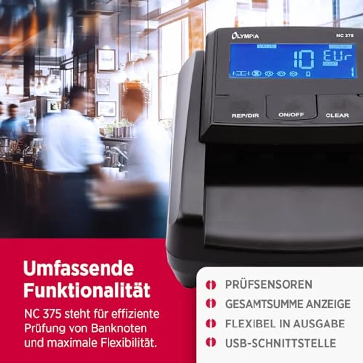 Olympia NC 375 Geldprüfgerät, Geldscheinprüfer mit IR, MG, UV Sensoren, Geldzähler für Euro, Dollar, Pfund, hohe Prüfgeschwindigkeit, kompaktes Design mit LCD Display – Bild 5