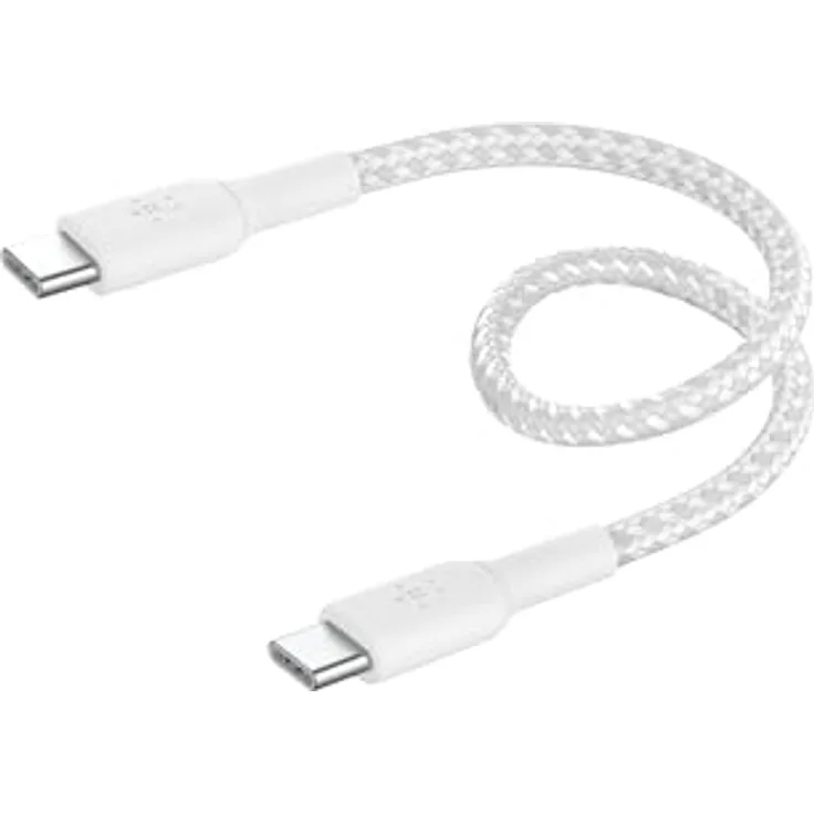 Belkin BoostCharge 15 cm geflochtenes USB-C auf USB-C Kabel – Schnellladen, Highspeed-Datentransfer, langlebig – Weiß