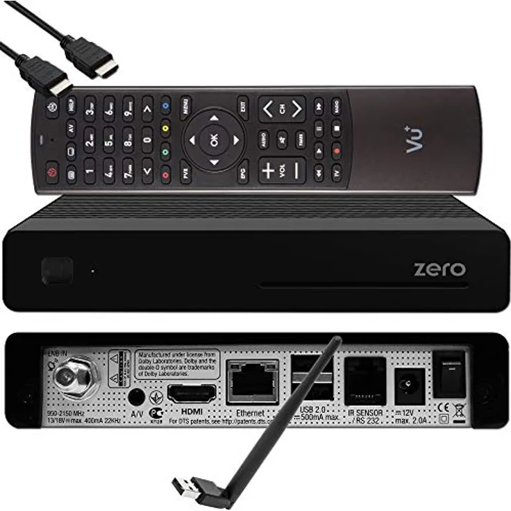 VUplus VU+ Zero HW Version 2-1x DVB-S2 Full-HD Sat Tuner E2 Linux Receiver, YouTube, Satellit Receiver mit Aufnahmefunktion, Kartenleser, Media Player, EasyMouse HDMI-Kabel & 150 Mbits WiFi Stick, schwarz
