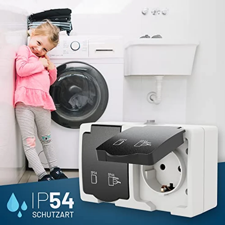 greate 3x Feuchtraum Steckdose Aufputz 2fach - Doppelsteckdose Aufputz mit Klappdeckel IP44, 250V, 16A, 2 polig - Aufputzsteckdose 2fach, Feuchtraumsteckdosen Aufputz, Steckdose Aussenbereich - 3er Pack, grau – Bild 2