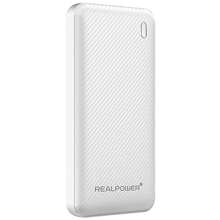 REALPOWER PB 10000 Plus, Powerbank 10.000 mAh, 2 USB-Ausgänge, USB Type-C, Weiß, Carbon-Optik