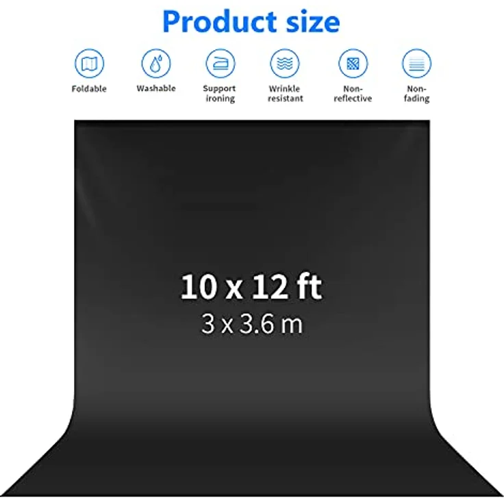 Neewer 10 x 12 ft/3 x 3,6 m Pro Foto Studio 100% Pure Musselin klappbar Hintergrund Hintergrund für Fotografie, Video und Gartenblick (nur Hintergrund) - Schwarz – Bild 2